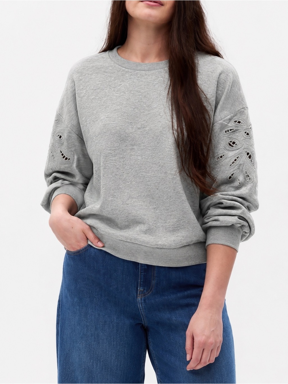 Gap VintageSoft Crewneck Pullover Sweatshirt Embroidered Cutout Sleeve Grey XL
